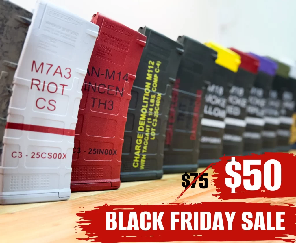 Display of custom Cerakote magazines in ordnance series by C3 Customs with Black Friday sale price marked down to $50 from $75